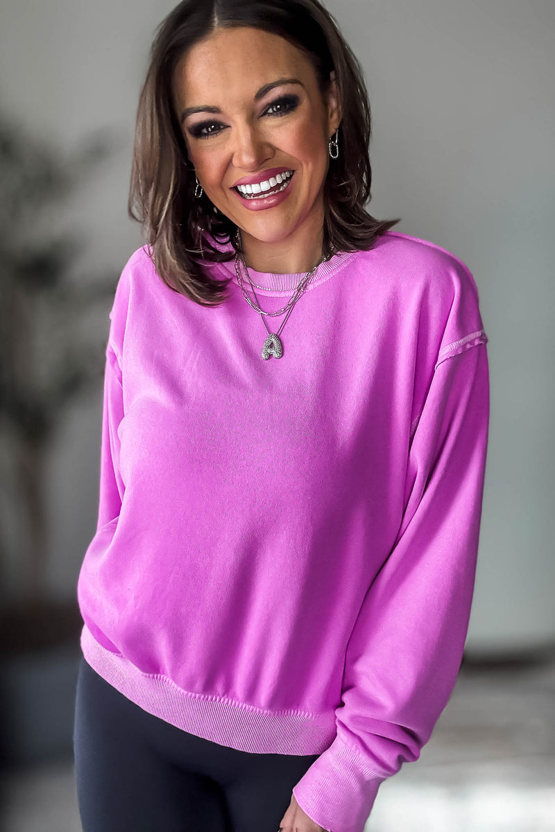 Fleece Bright Mauve Round Neck Pullover Top