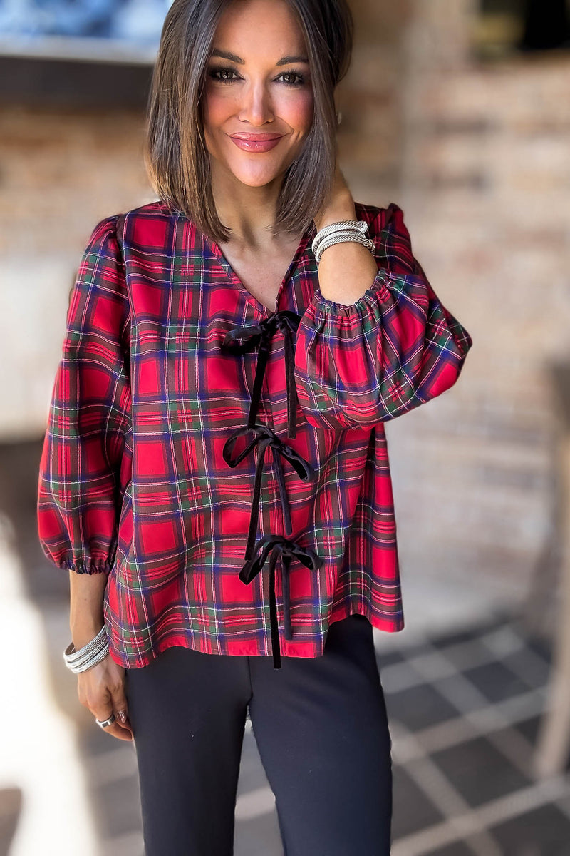 2 Hearts Plaid Holiday Tie Front Blouse