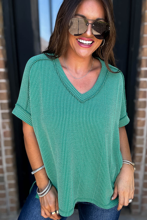 Corded Forest Rib Short Sleeve Hi-Low V Neck Top