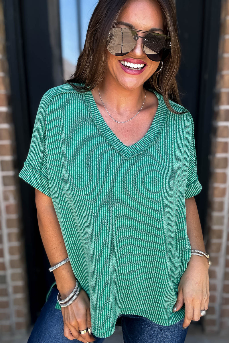 Corded Forest Rib Short Sleeve Hi-Low V Neck Top