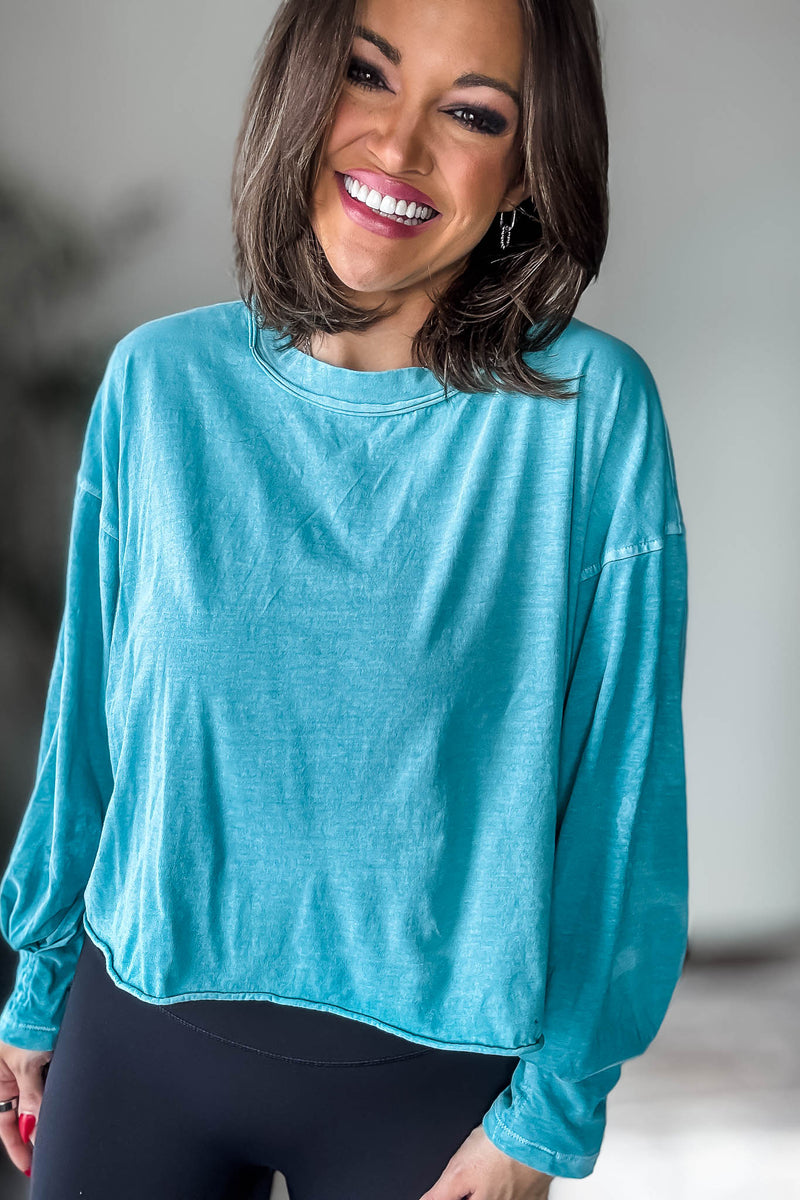 Washed Turquoise Oversized Round Neck Long Sleeve Tee