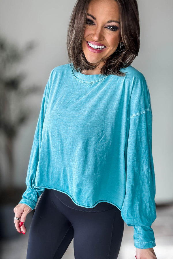 Washed Turquoise Oversized Round Neck Long Sleeve Tee