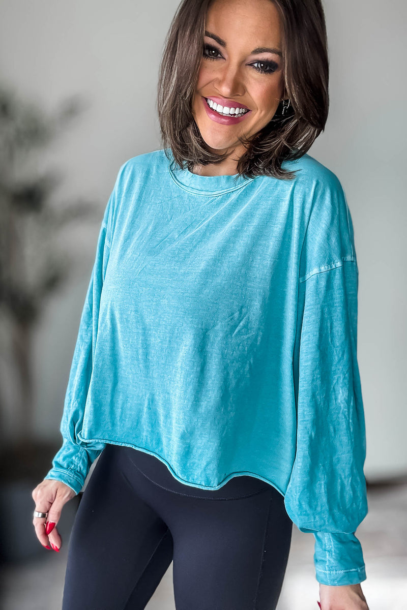 Washed Turquoise Oversized Round Neck Long Sleeve Tee