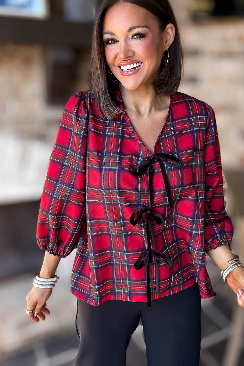 2 Hearts Plaid Holiday Tie Front Blouse