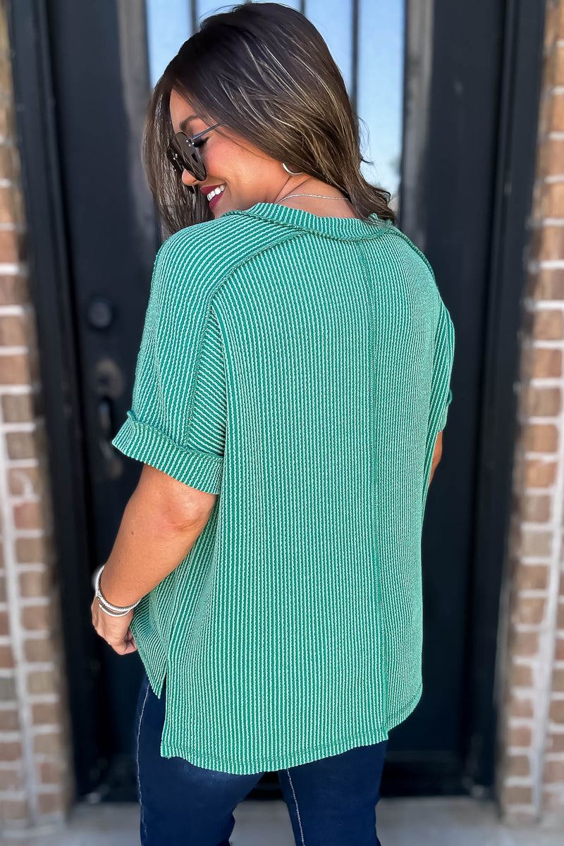 Corded Forest Rib Short Sleeve Hi-Low V Neck Top