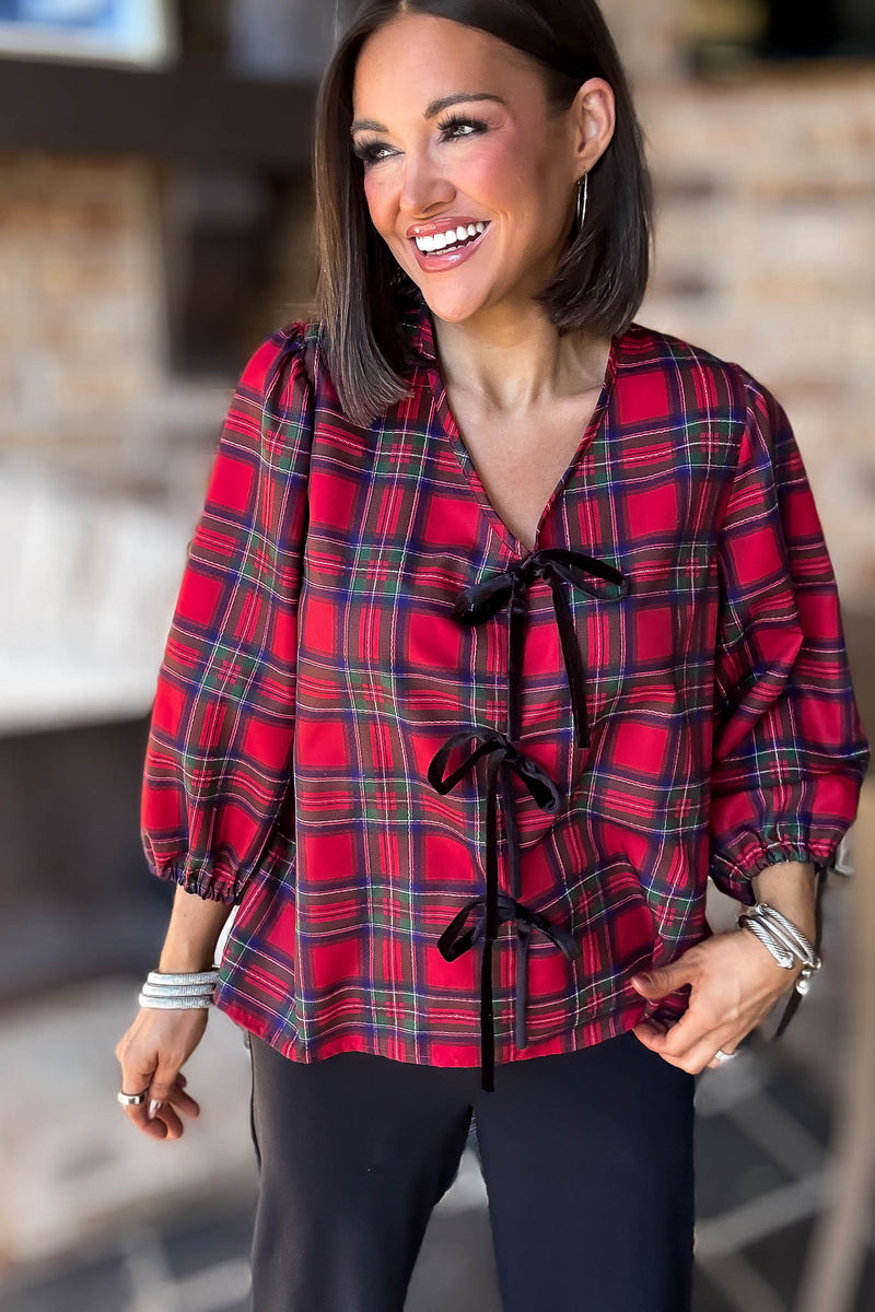 2 Hearts Plaid Holiday Tie Front Blouse