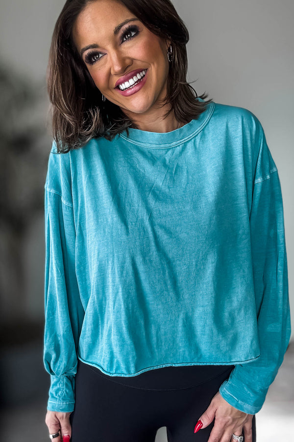 Washed Turquoise Oversized Round Neck Long Sleeve Tee