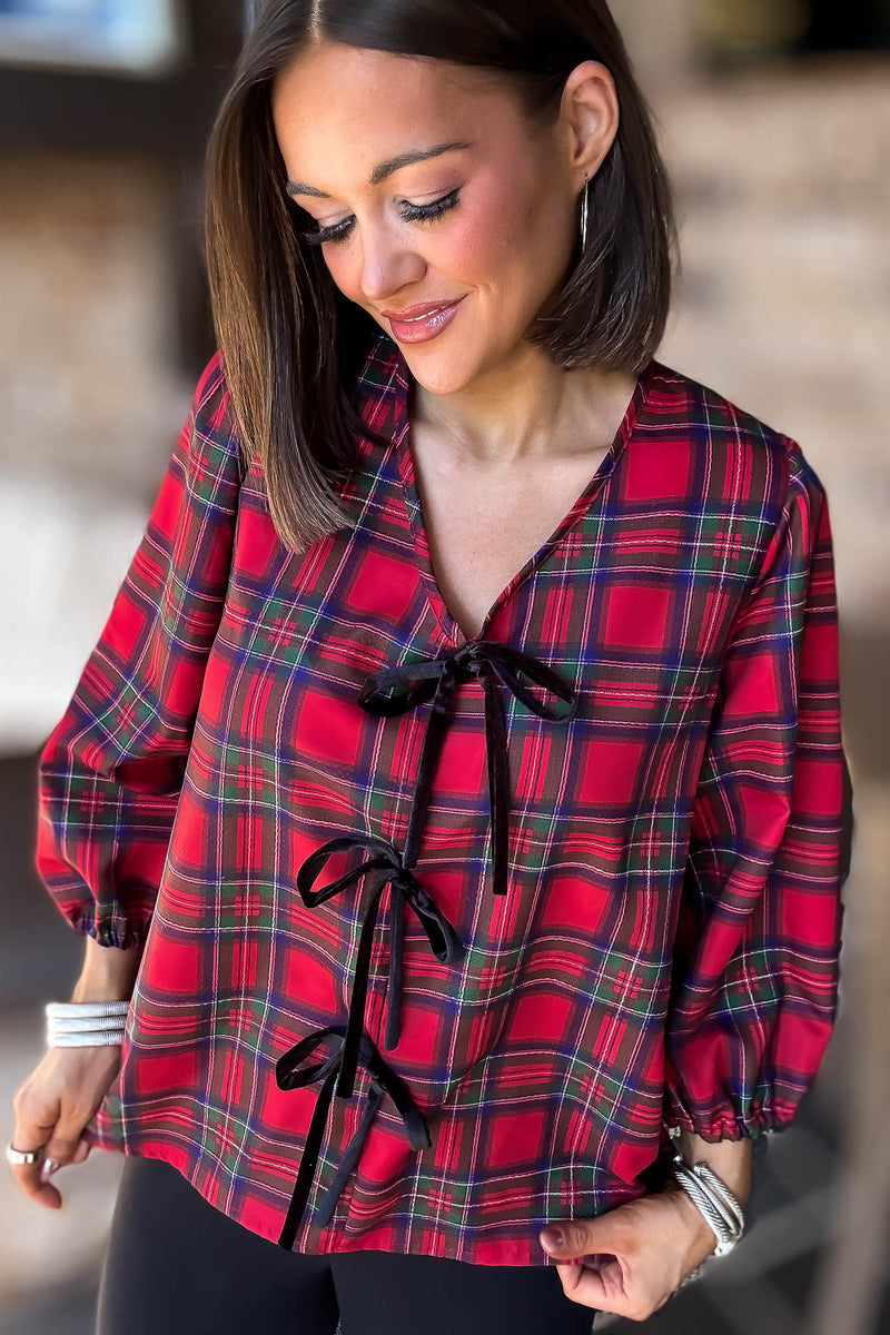 2 Hearts Plaid Holiday Tie Front Blouse