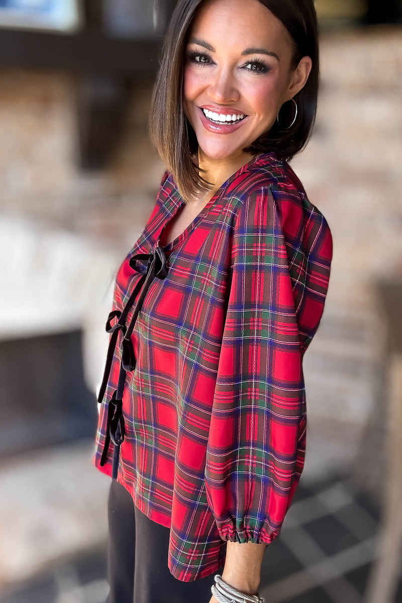 2 Hearts Plaid Holiday Tie Front Blouse