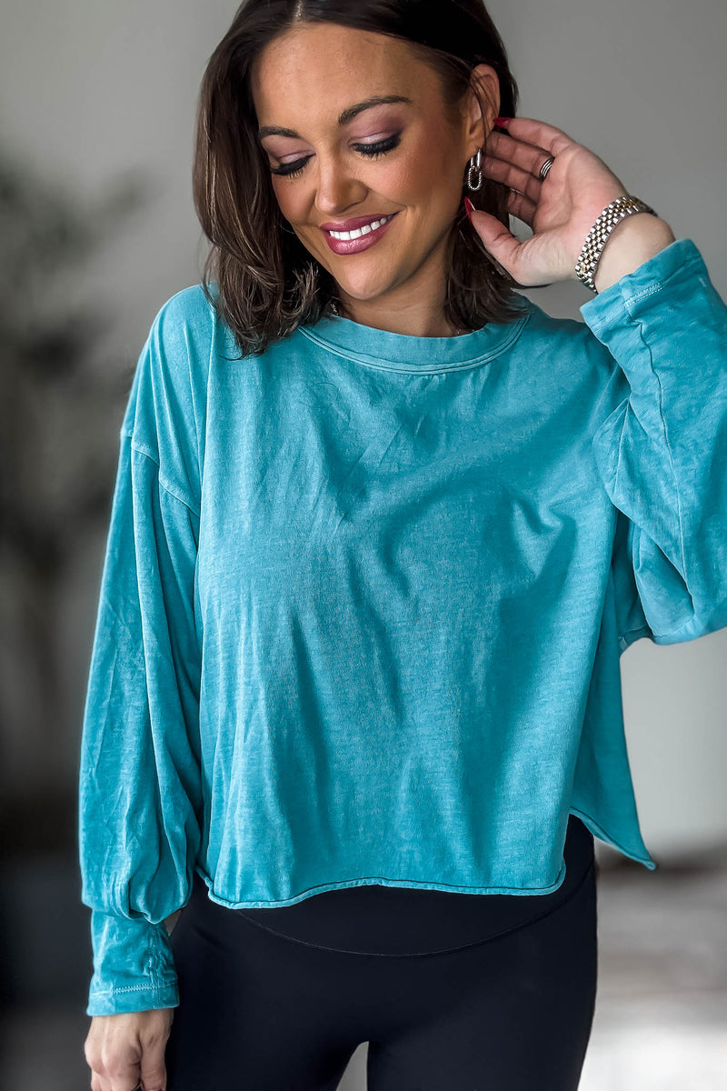 Washed Turquoise Oversized Round Neck Long Sleeve Tee