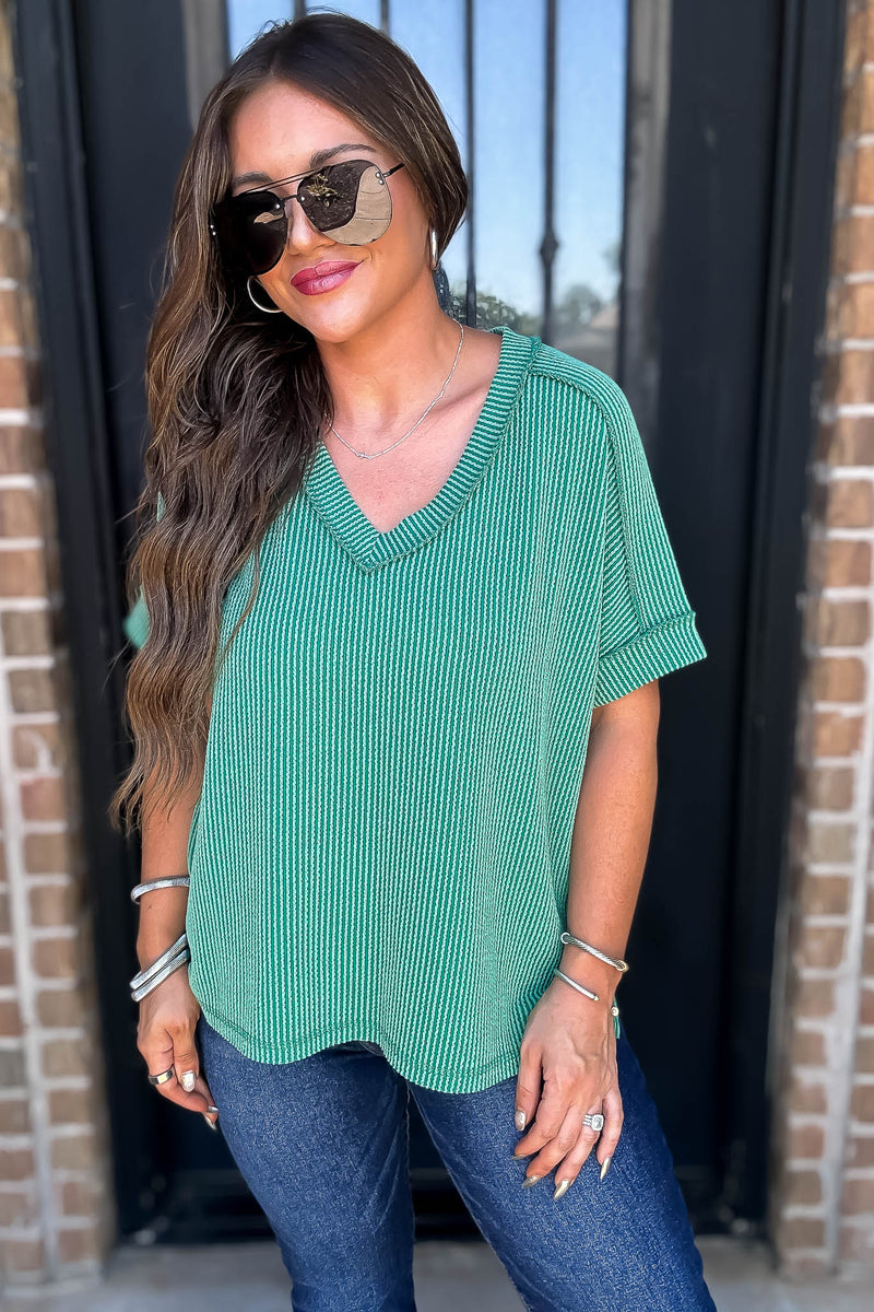 Corded Forest Rib Short Sleeve Hi-Low V Neck Top