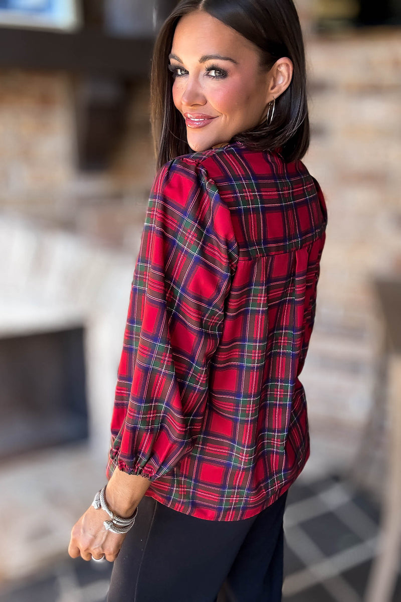 2 Hearts Plaid Holiday Tie Front Blouse