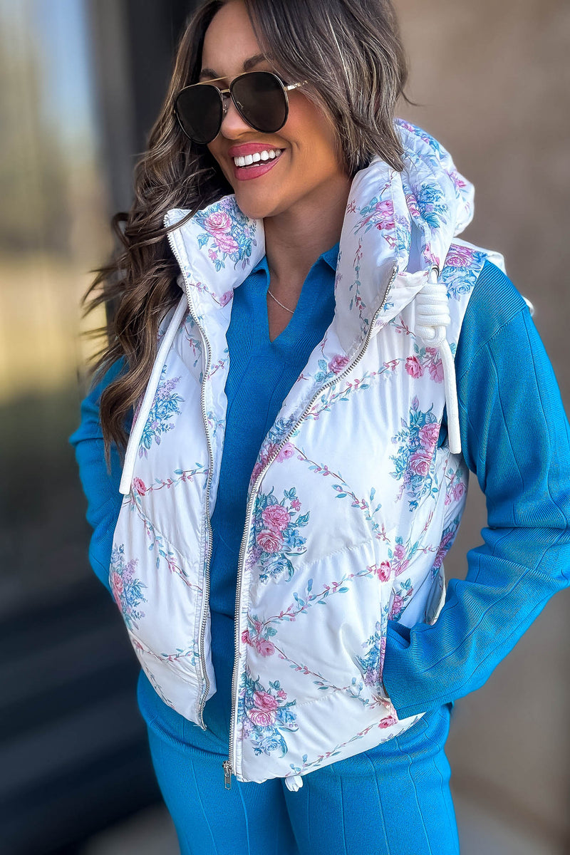 Floral Ivory Pebbled Puffer Vest