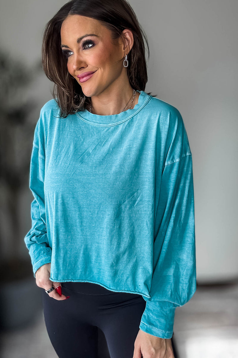 Washed Turquoise Oversized Round Neck Long Sleeve Tee