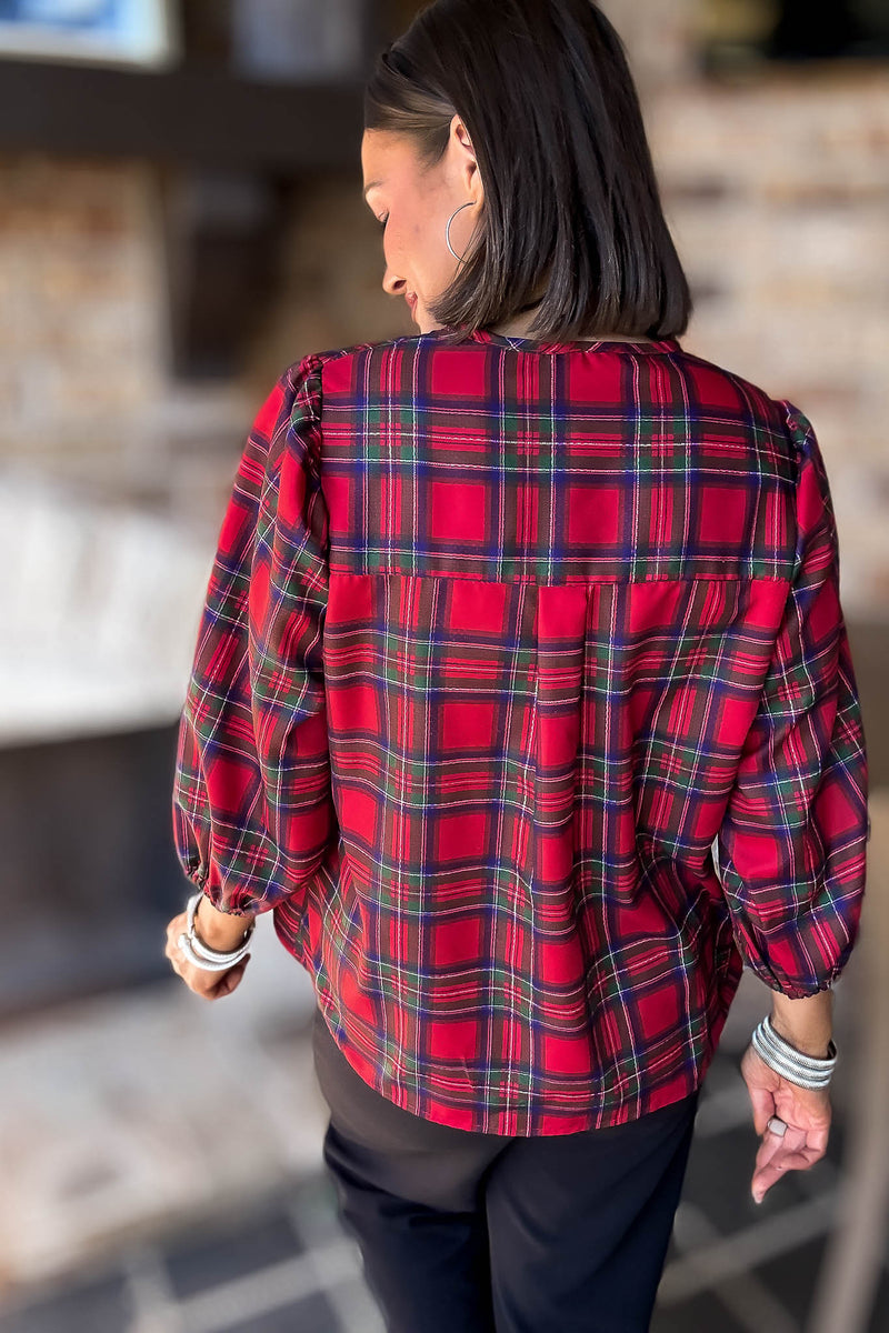 2 Hearts Plaid Holiday Tie Front Blouse