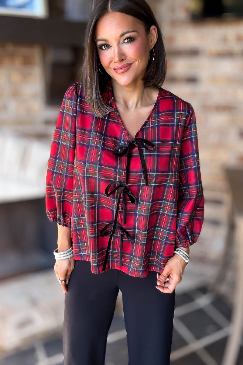 2 Hearts Plaid Holiday Tie Front Blouse