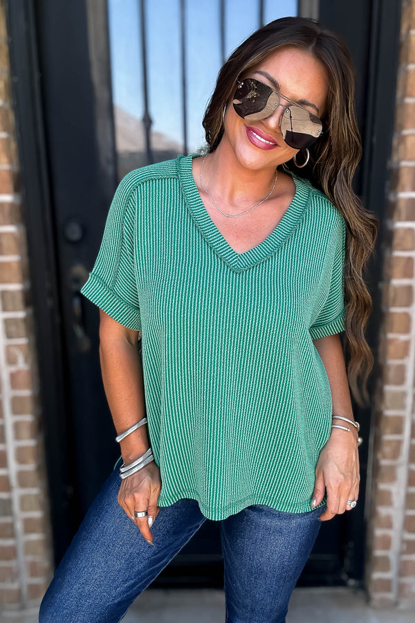 Corded Forest Rib Short Sleeve Hi-Low V Neck Top