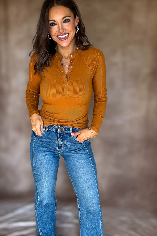 Essential Burnt Amber Long-sleeved Micro-ribbed Henley Top