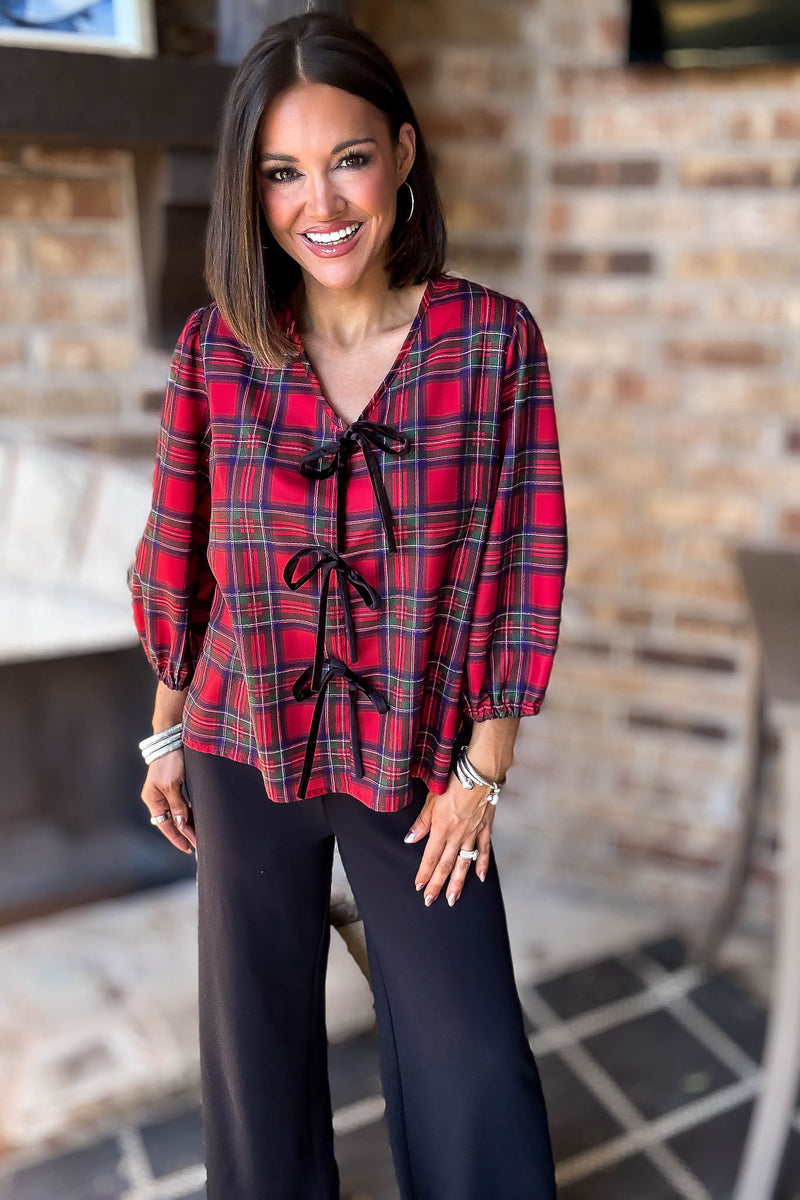 2 Hearts Plaid Holiday Tie Front Blouse
