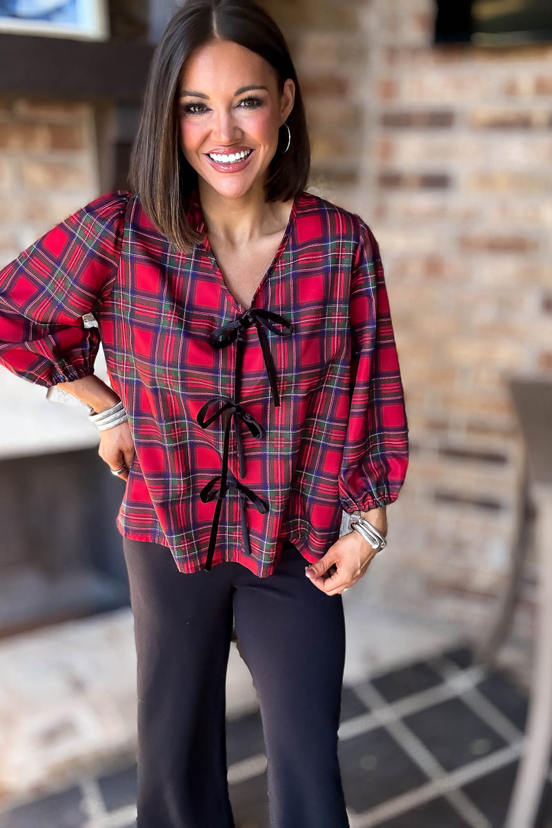2 Hearts Plaid Holiday Tie Front Blouse