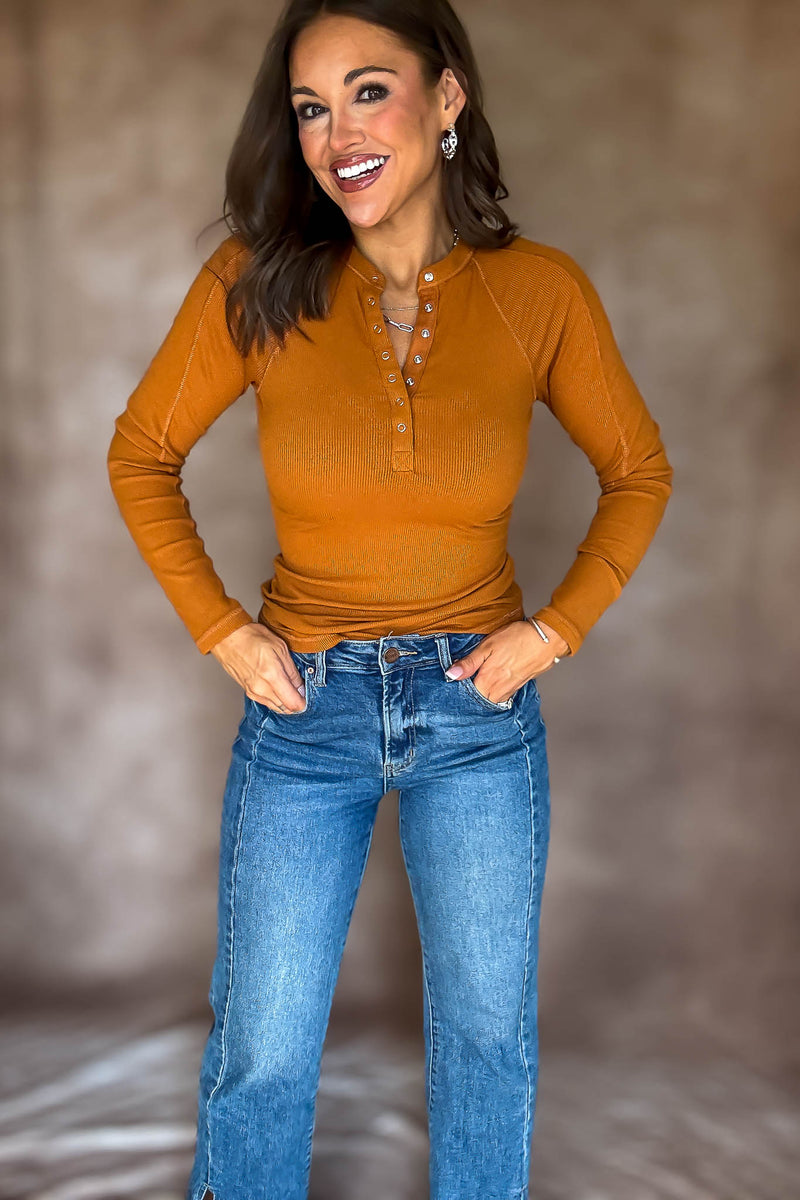 Essential Burnt Amber Long-sleeved Micro-ribbed Henley Top