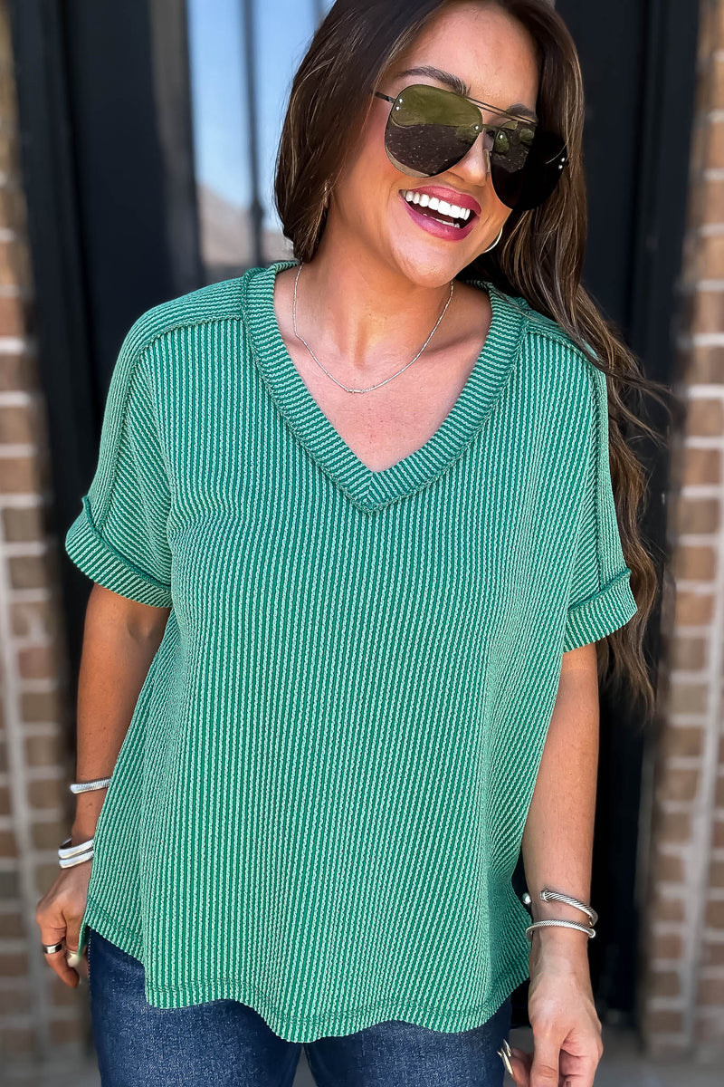 Corded Forest Rib Short Sleeve Hi-Low V Neck Top
