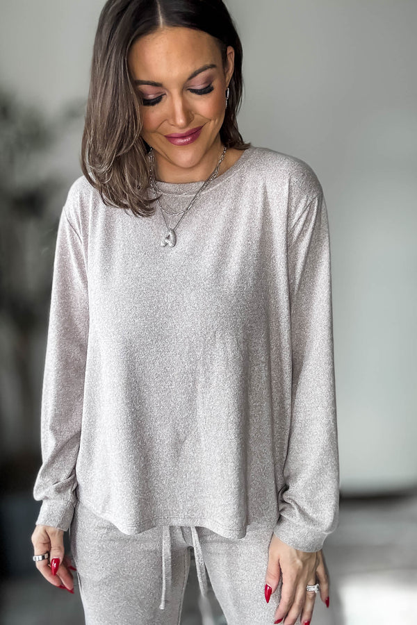 Soft Ash Mocha Melange Hacci Round Neck Long Sleeve Top