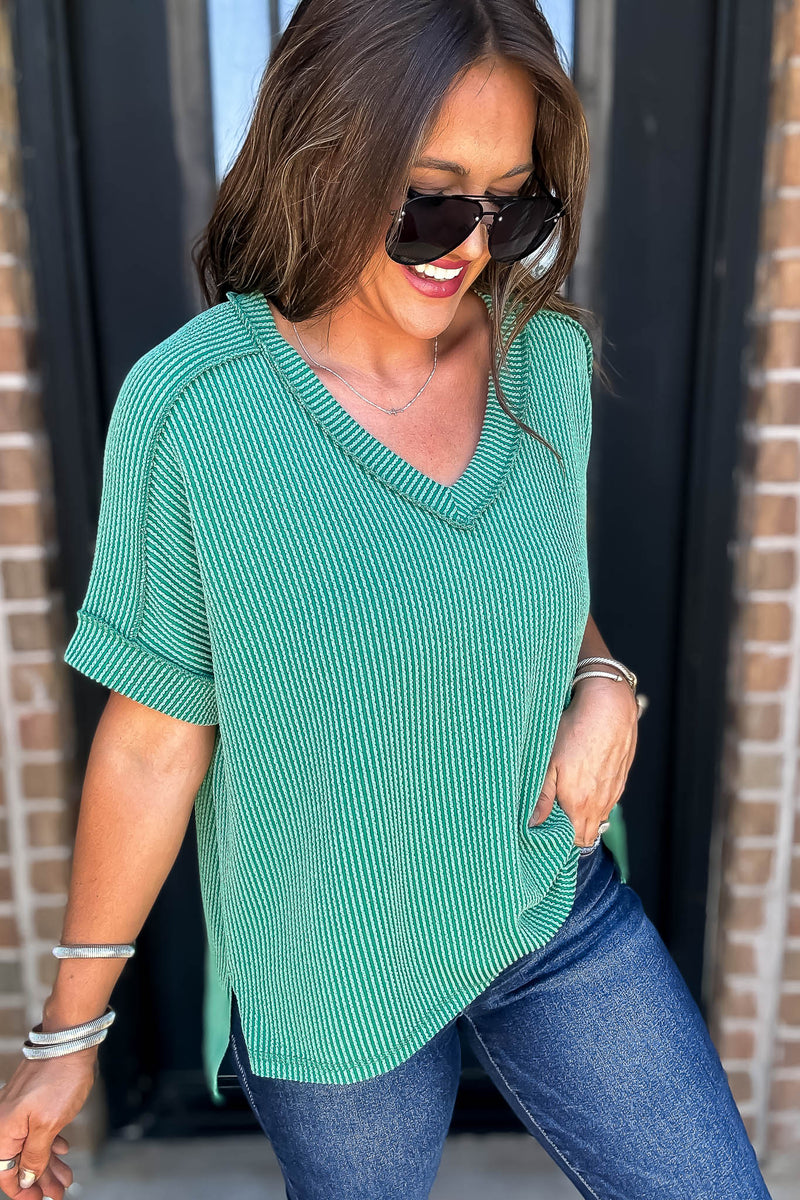Corded Forest Rib Short Sleeve Hi-Low V Neck Top