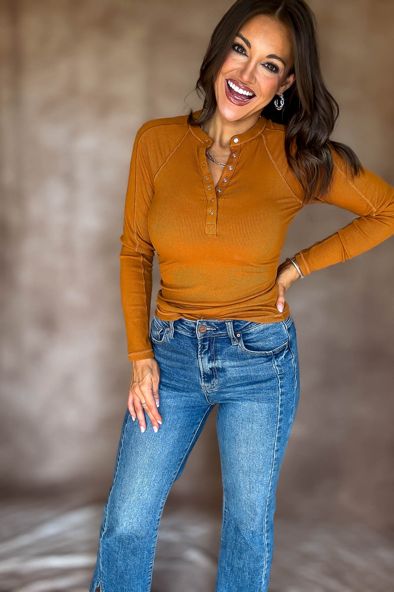 Essential Burnt Amber Long-sleeved Micro-ribbed Henley Top