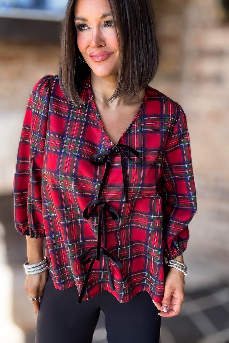 2 Hearts Plaid Holiday Tie Front Blouse