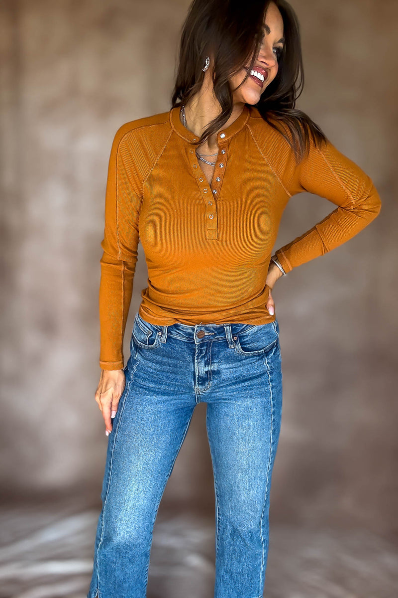 Essential Burnt Amber Long-sleeved Micro-ribbed Henley Top