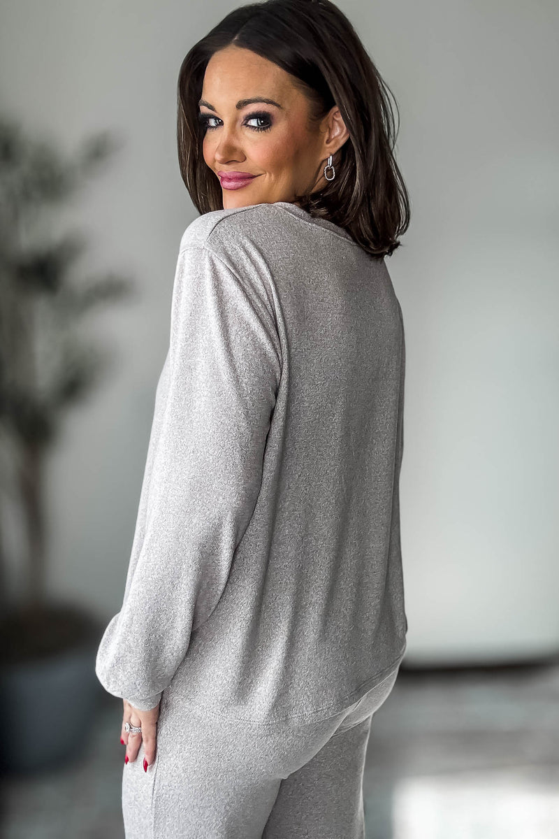 Soft Ash Mocha Melange Hacci Round Neck Long Sleeve Top