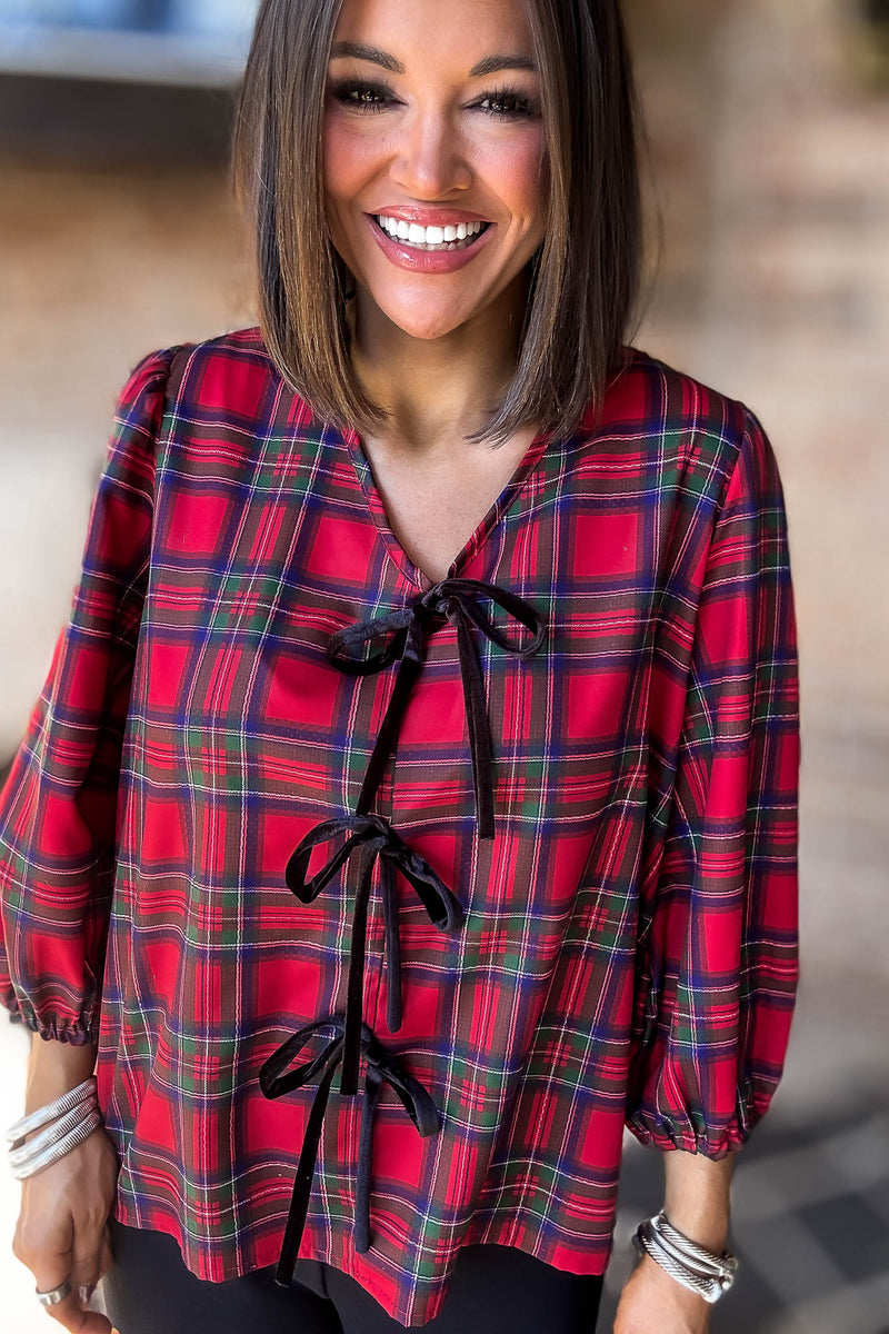 2 Hearts Plaid Holiday Tie Front Blouse