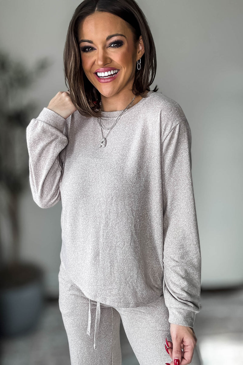 Soft Ash Mocha Melange Hacci Round Neck Long Sleeve Top