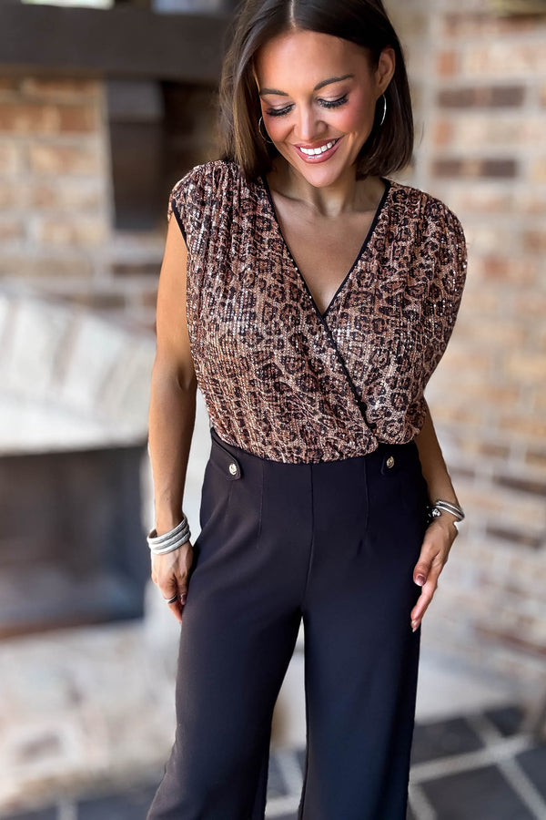 Eesome SEQUIN LEOPARD SURPLICE BODYSUIT
