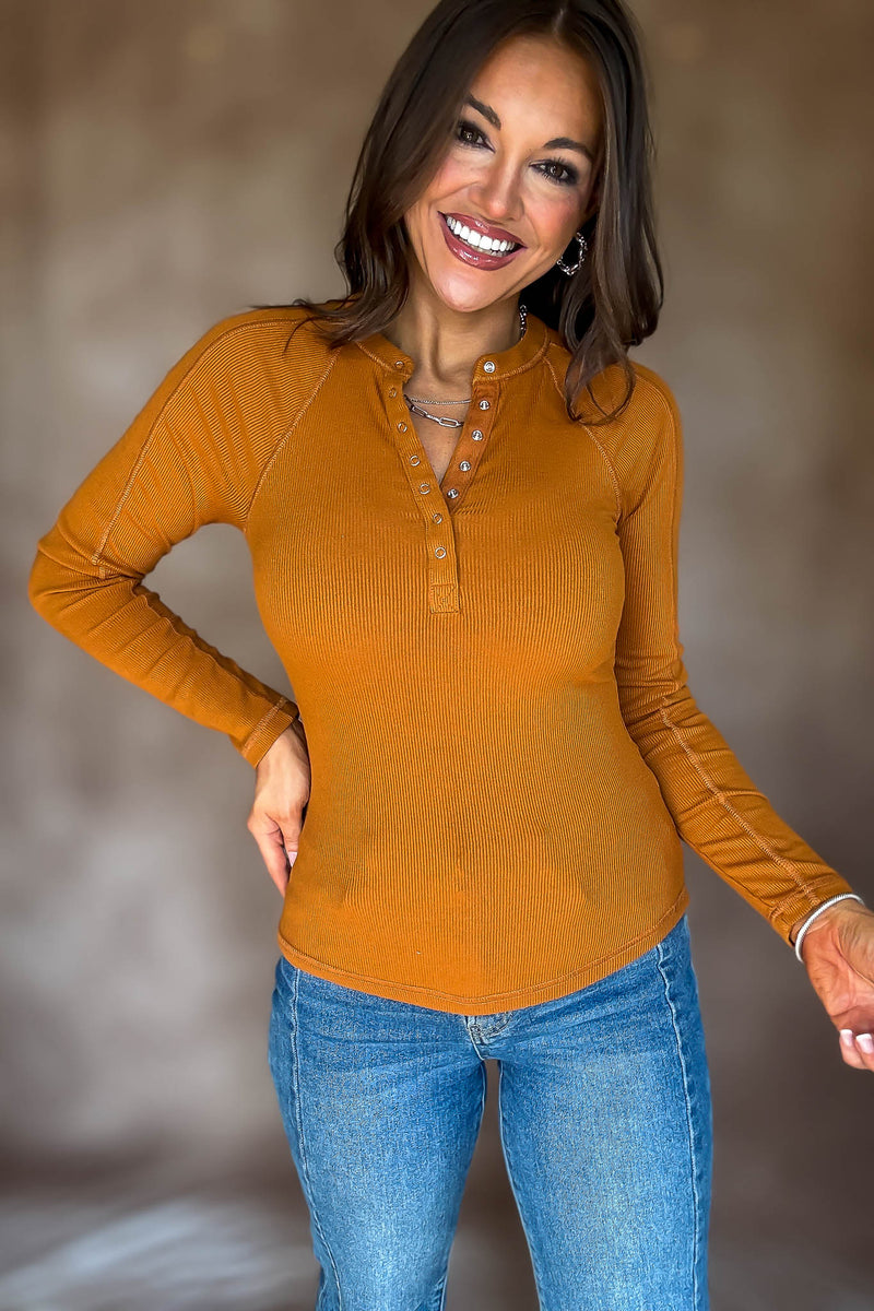 Essential Burnt Amber Long-sleeved Micro-ribbed Henley Top