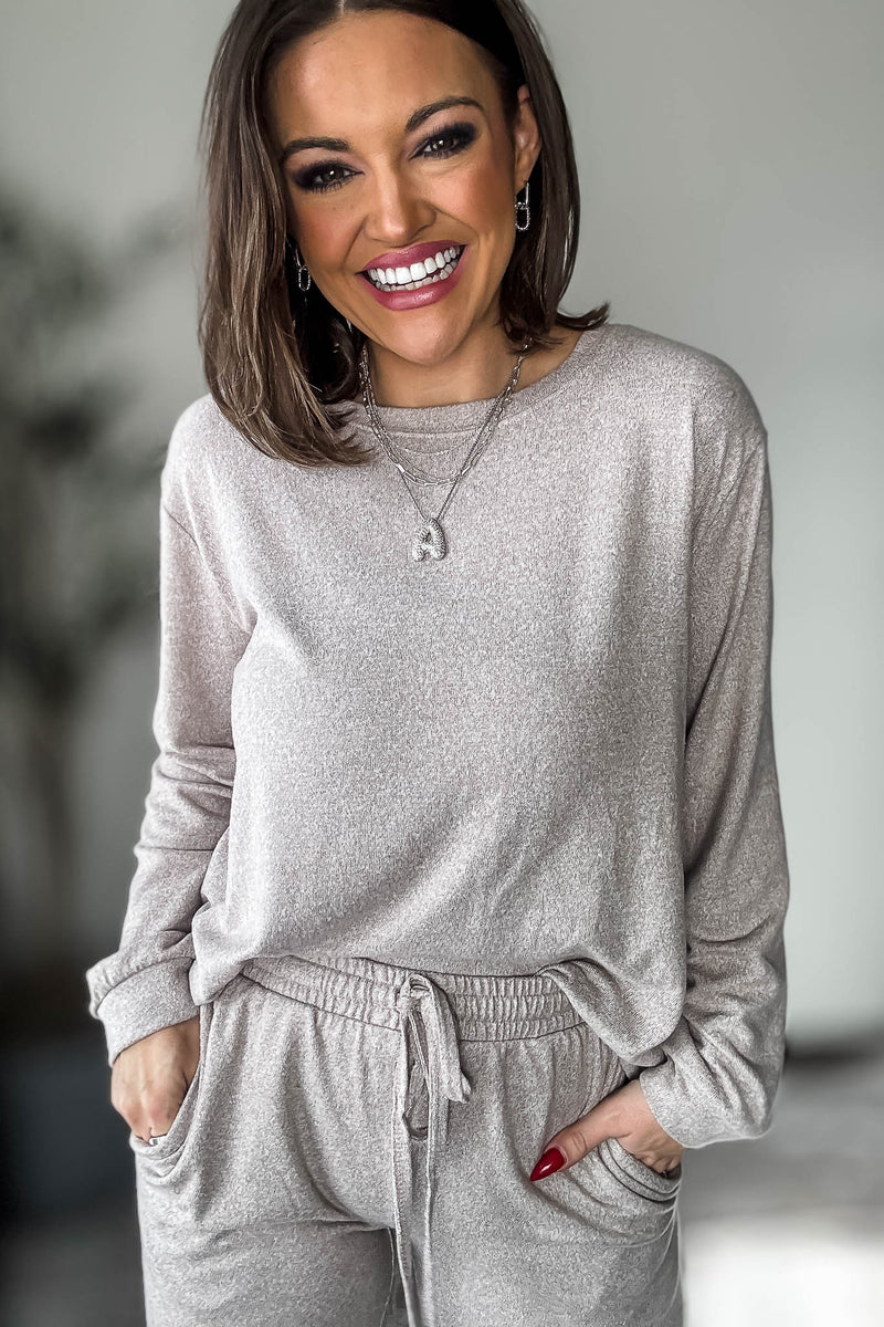 Soft Ash Mocha Melange Hacci Round Neck Long Sleeve Top