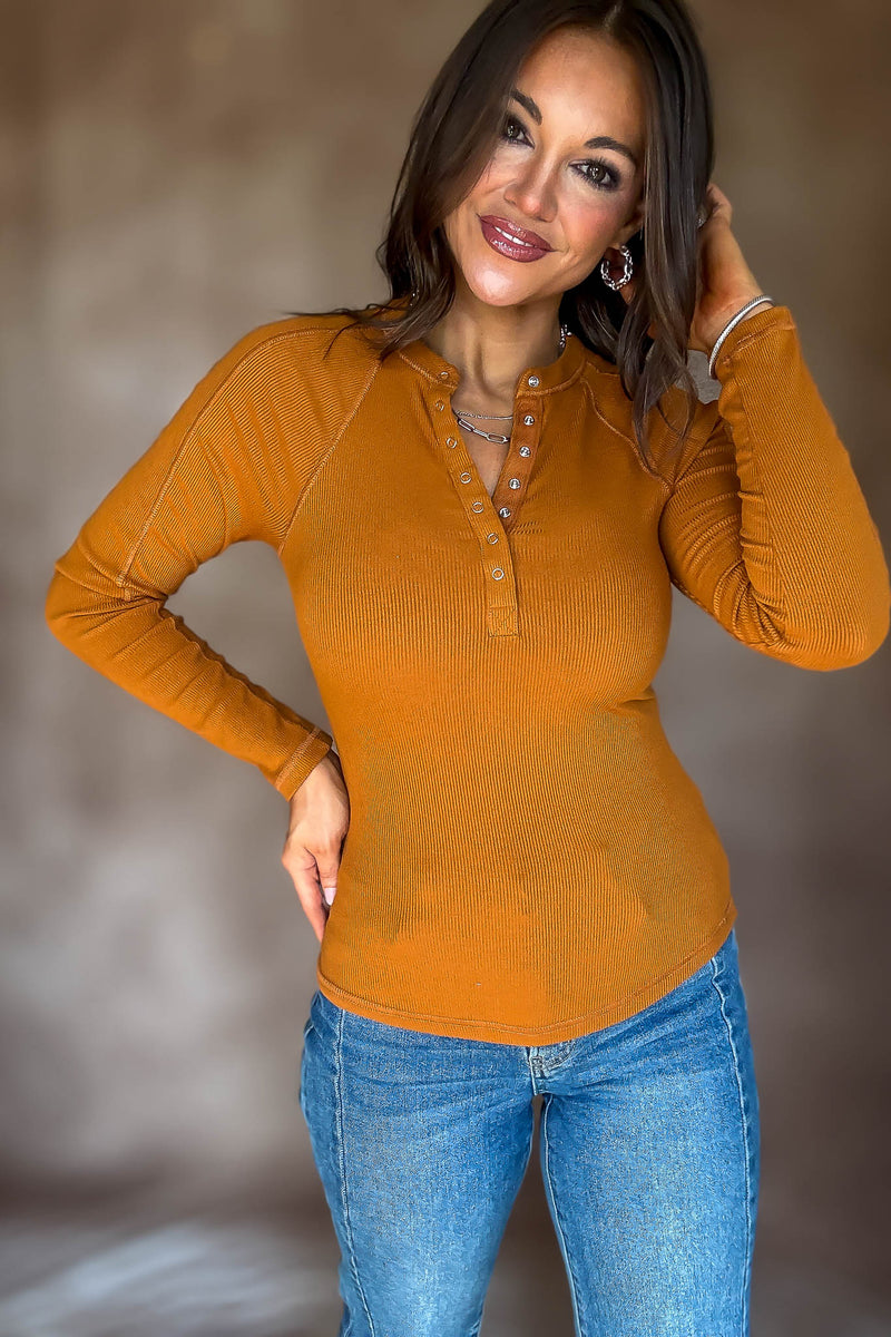 Essential Burnt Amber Long-sleeved Micro-ribbed Henley Top