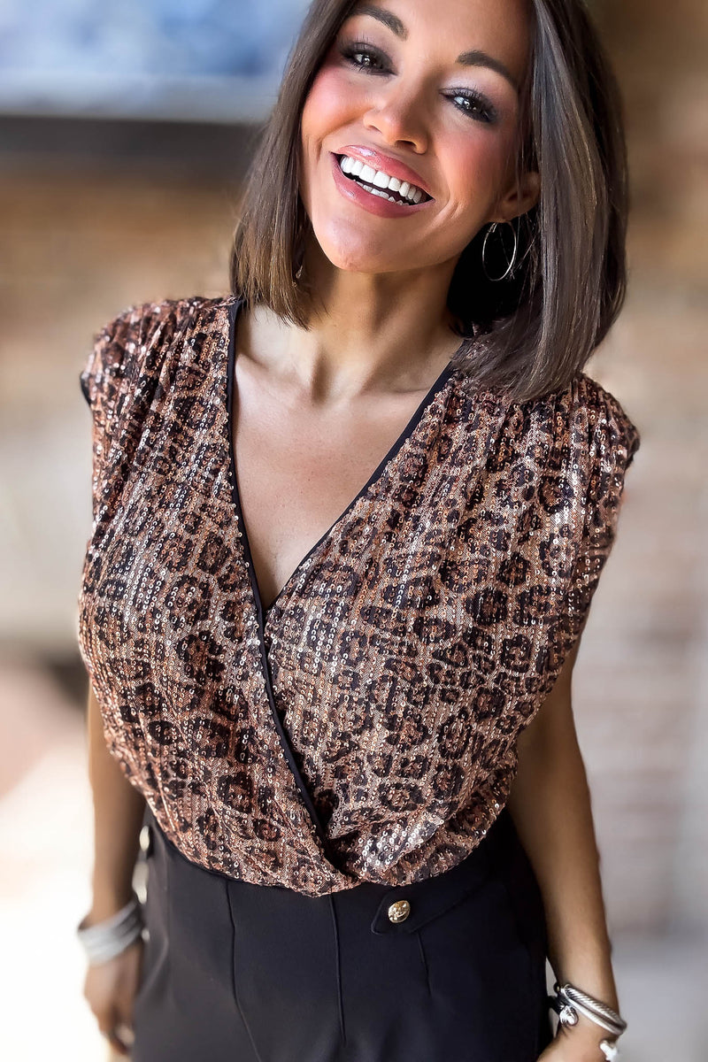 Eesome SEQUIN LEOPARD SURPLICE BODYSUIT