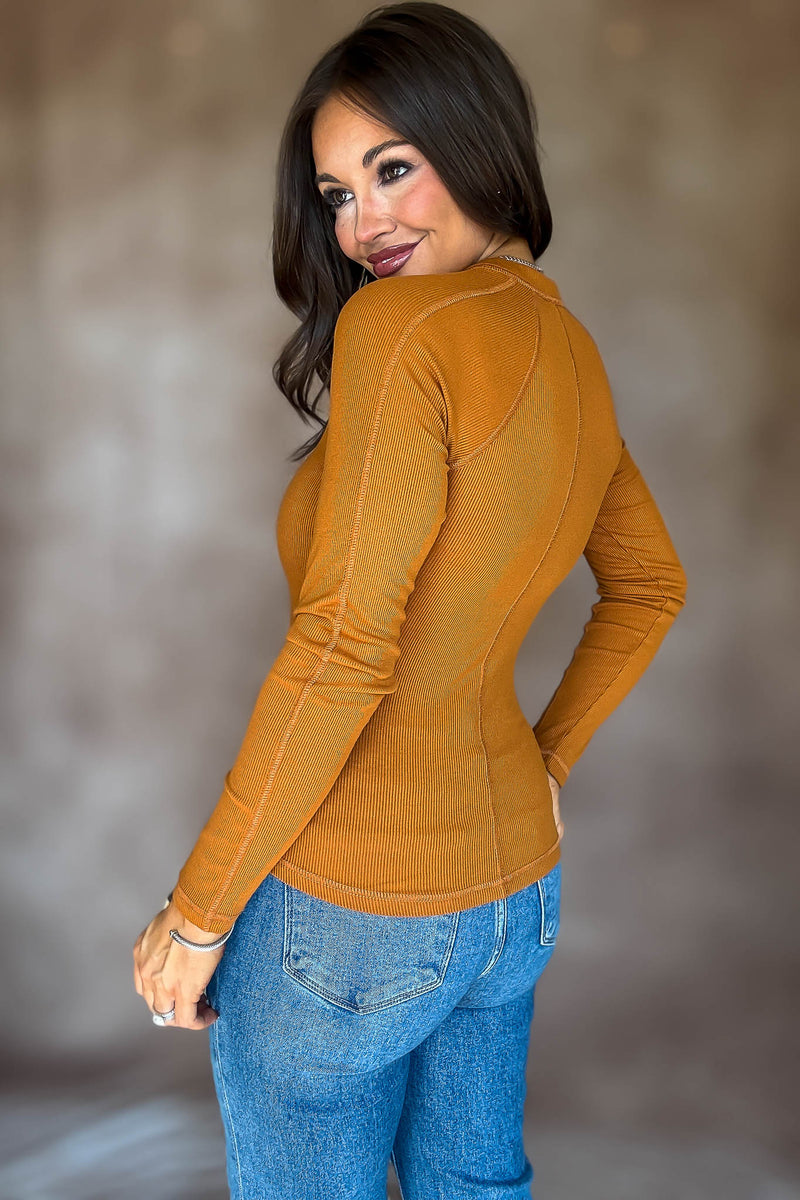 Essential Burnt Amber Long-sleeved Micro-ribbed Henley Top