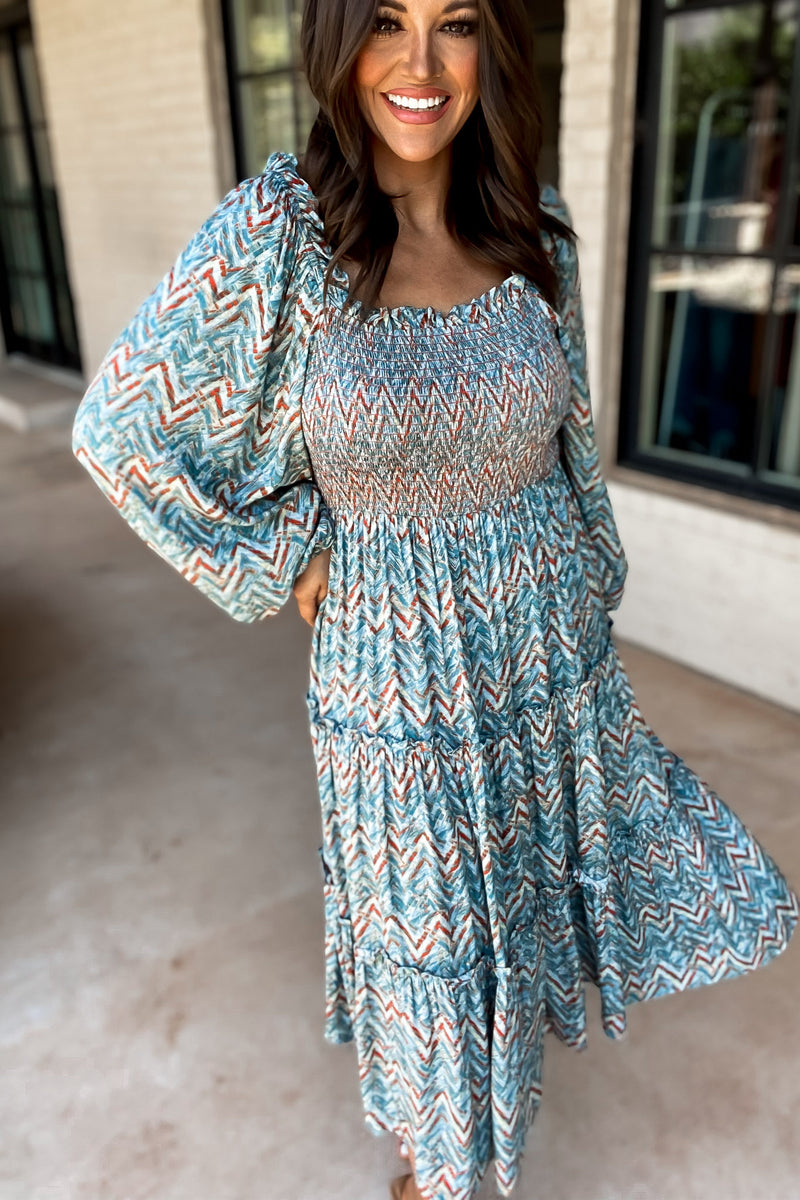 Tell Me More Teal Geometric Print Smocked Body Midi Dress