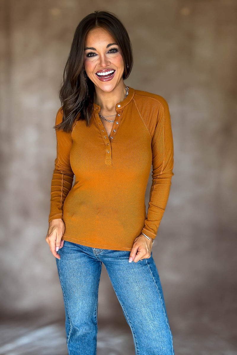 Essential Burnt Amber Long-sleeved Micro-ribbed Henley Top