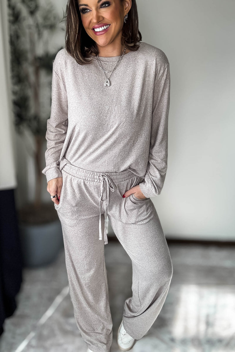 Soft Ash Mocha Melange Hacci Round Neck Long Sleeve Top