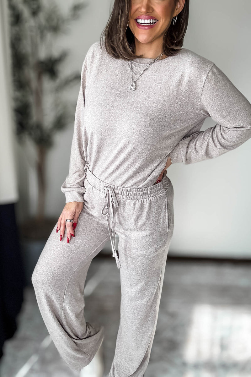 Soft Ash Mocha Melange Hacci Round Neck Long Sleeve Top