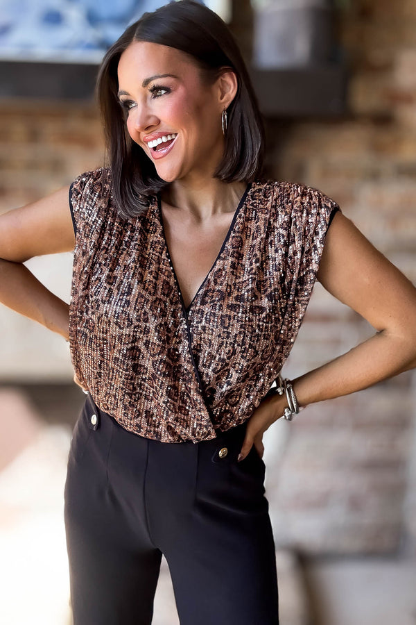 Eesome SEQUIN LEOPARD SURPLICE BODYSUIT
