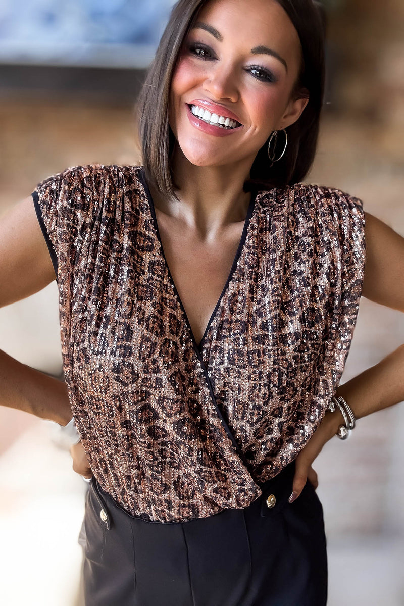 Eesome SEQUIN LEOPARD SURPLICE BODYSUIT