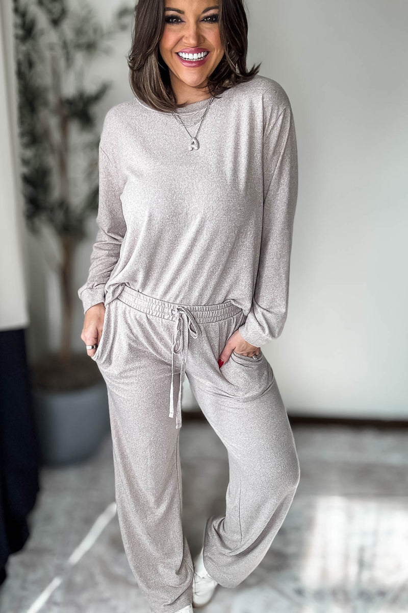 Soft Ash Mocha Melange Hacci Round Neck Long Sleeve Top