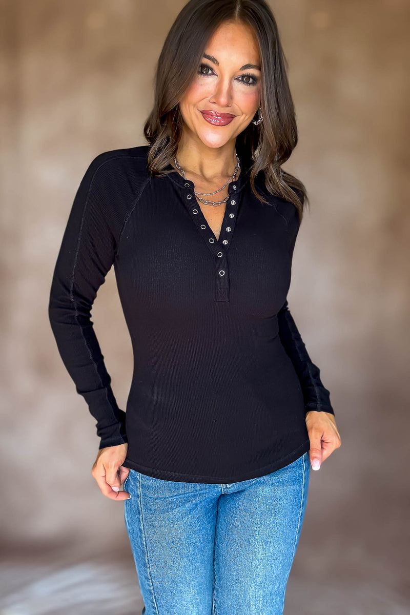 Essential Black Long-sleeved Micro-ribbed Henley Top