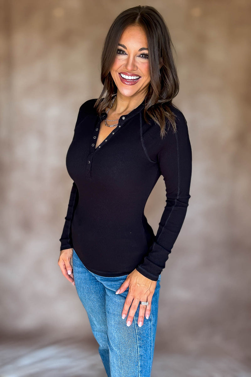 Essential Black Long-sleeved Micro-ribbed Henley Top