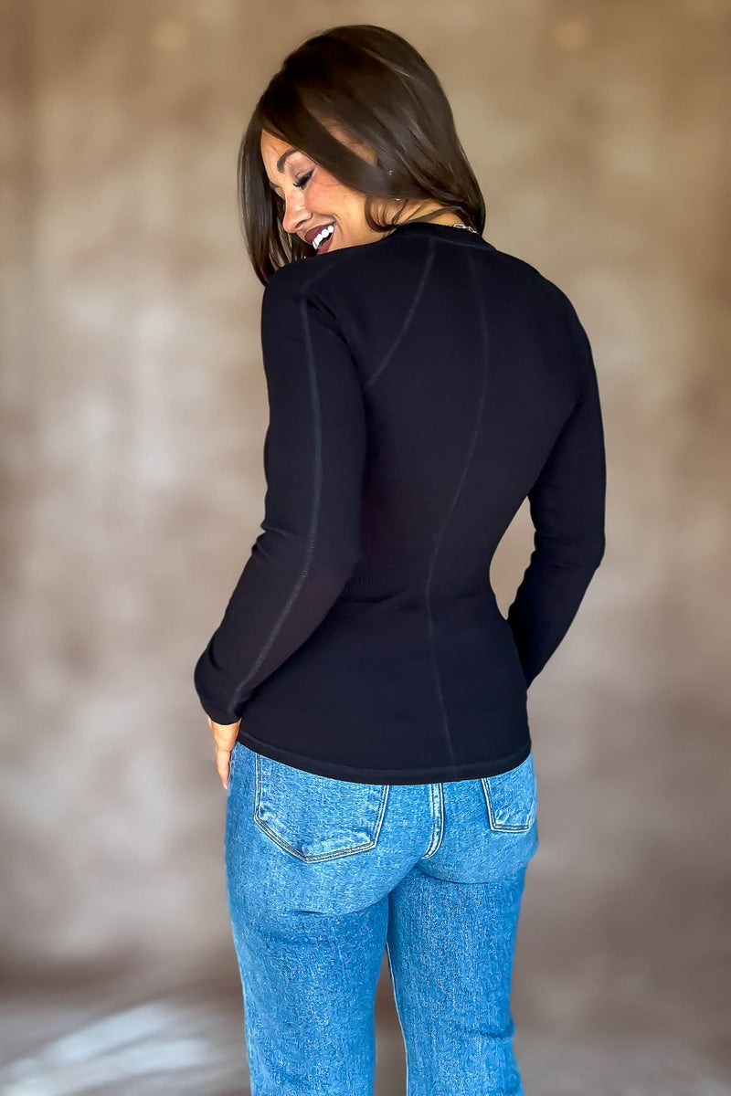 Essential Black Long-sleeved Micro-ribbed Henley Top